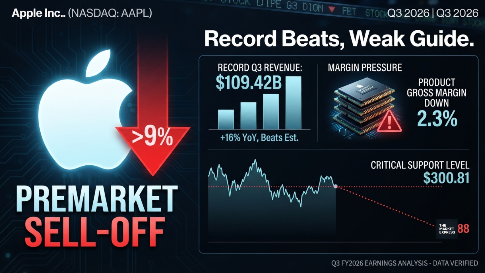 Apple stock premarket sell-off Q3 2026 earnings record revenue margin pressure