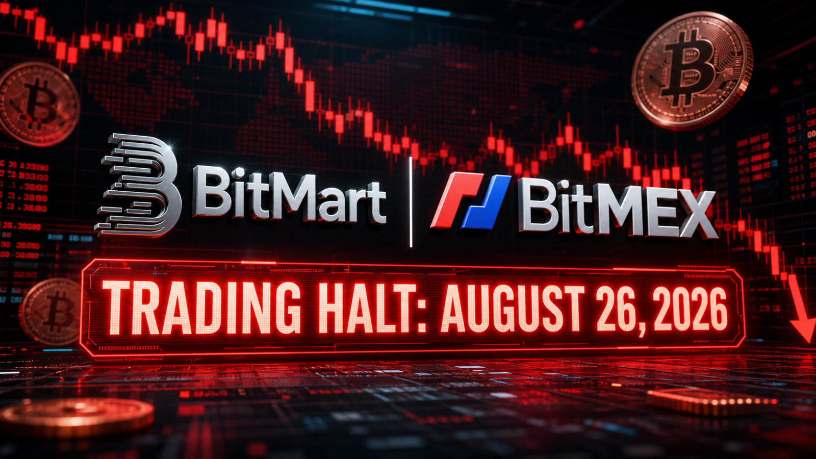 BitMart and BitMEX crypto exchange shutdown 2026 announcement with August 26 trading deadline.