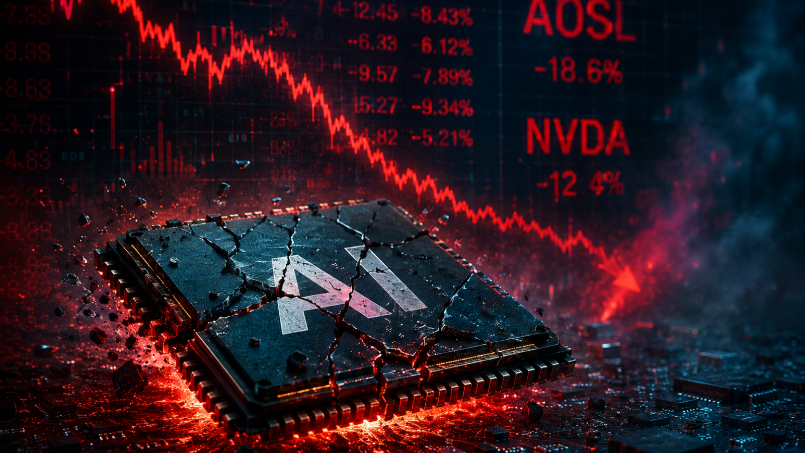 AI stocks falling - semiconductor chip and memory shortage illustration
