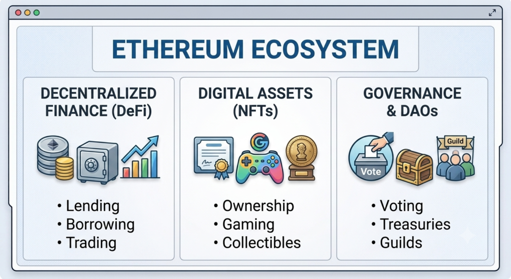 Infographic diagram displaying the core pillars of the Ethereum Ecosystem including DeFi, Digital Assets NFTs, and Governance DAOs.