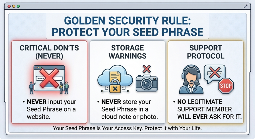 Golden Security Rule infographic detailing critical tips on how to protect your Ethereum seed phrase safely.
