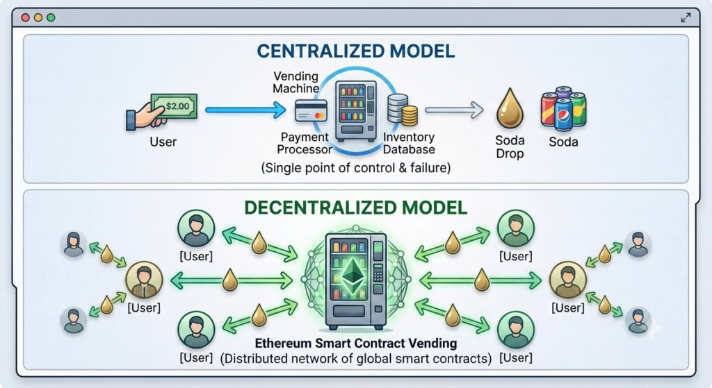 Diagram explaining how an Ethereum Smart Contract functions like an automated vending machine, dispensing soda without a cashier.