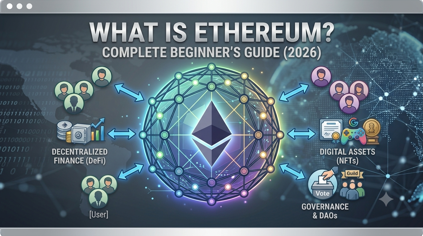 An informative image asking "What is Ethereum?" and providing a guide with key ecosystem components like DeFi, NFTs, and DAOs.