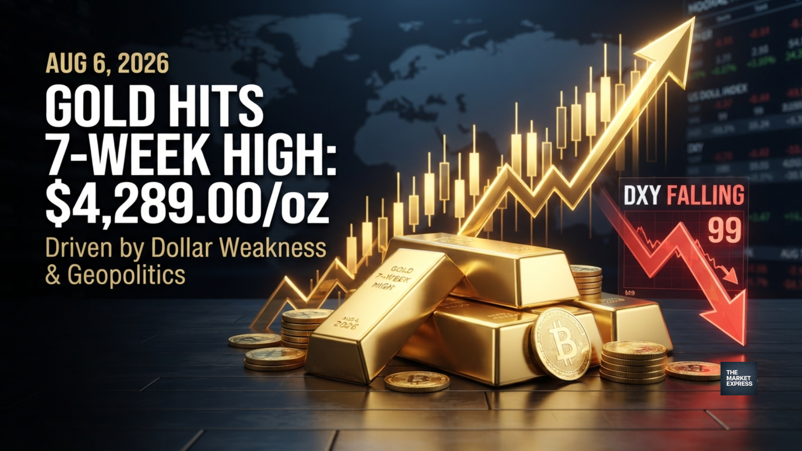 Gold bullion bars representing world gold price fluctuations at a seven-week high in August 2026.