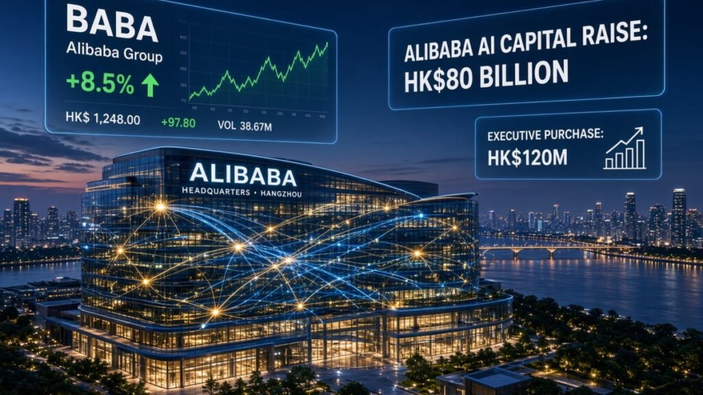 Alibaba headquarters in Hangzhou showing digital neural network data filaments, AI capital raise charts, and executive stock purchase metrics.