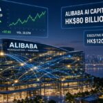 Alibaba headquarters in Hangzhou showing digital neural network data filaments, AI capital raise charts, and executive stock purchase metrics.