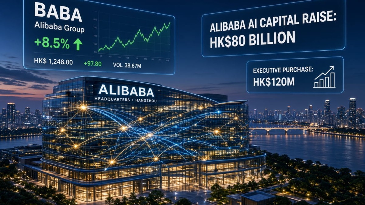 Alibaba headquarters in Hangzhou showing digital neural network data filaments, AI capital raise charts, and executive stock purchase metrics.
