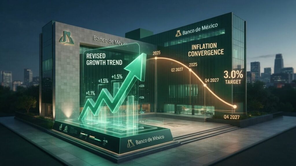 Stylized depiction of the Bank of Mexico building with financial charts showing the revised Banxico growth forecast.