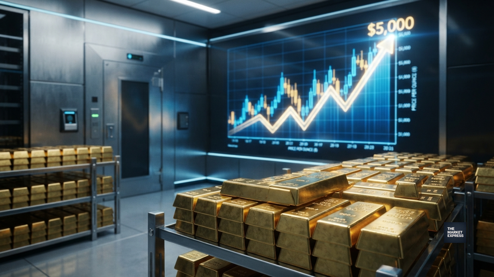 Central bank gold demand surge and $5,000 price forecast visualization.