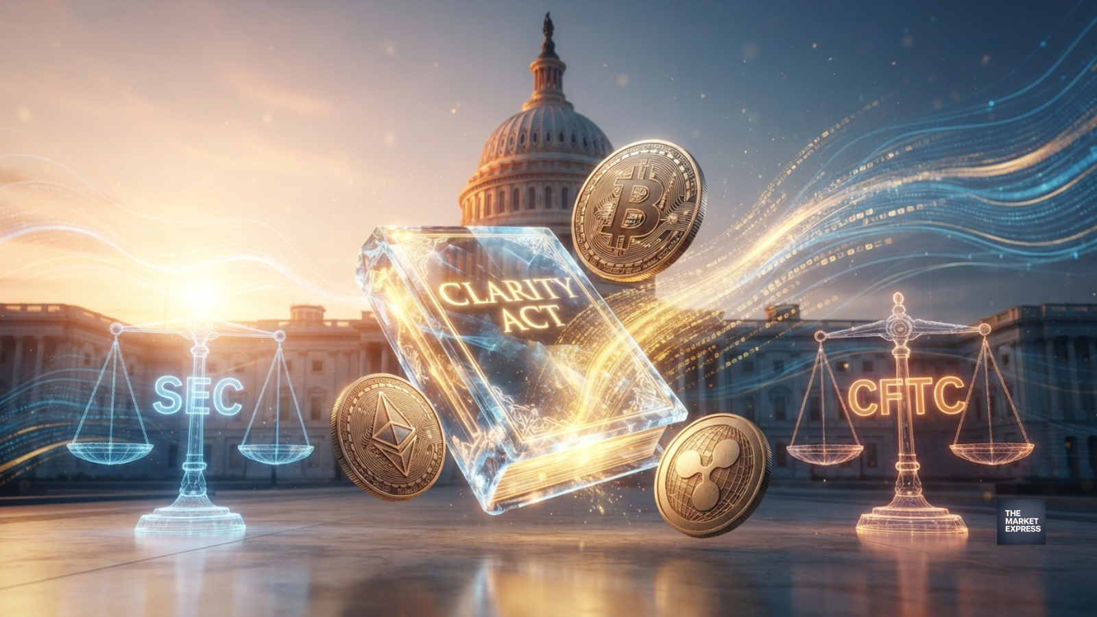 3D digital render of the US Capitol building with a glowing CLARITY Act rulebook surrounded by floating Bitcoin, Ethereum, and XRP coins, symbolizing new US crypto regulations and SEC-CFTC jurisdiction.