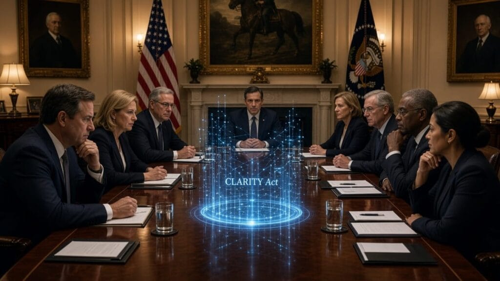 CLARITY Act September Vote: Crystalline prism refracting light over US Capitol with holographic Bitcoin and Ethereum icons.