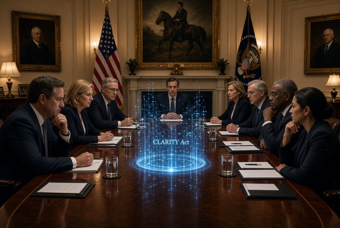 CLARITY Act September Vote: Crystalline prism refracting light over US Capitol with holographic Bitcoin and Ethereum icons.
