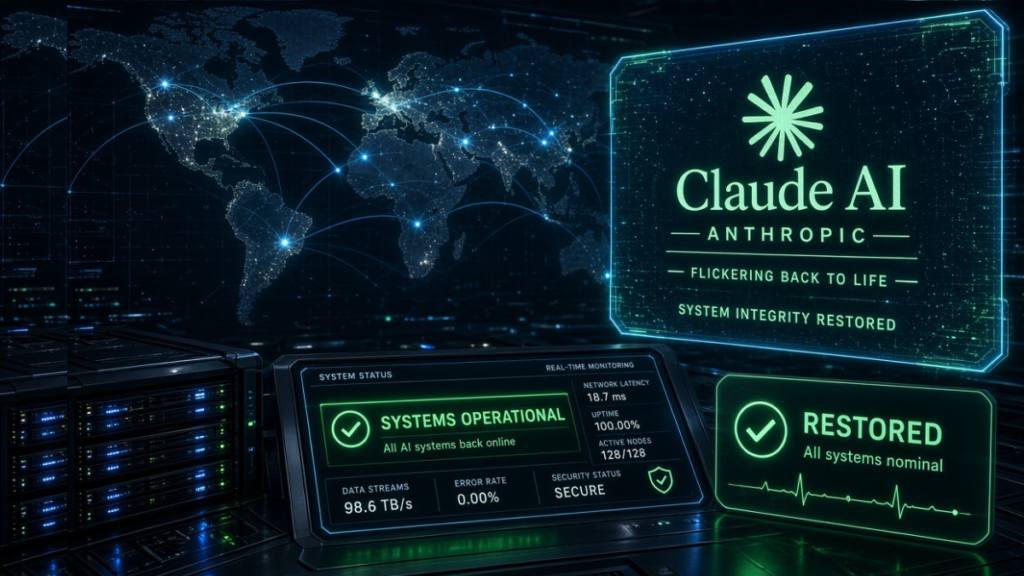 Claude AI services restored - A high-tech visual interface showing the restoration of Anthropic’s global AI server and API systems.