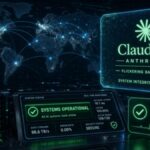 Claude AI services restored - A high-tech visual interface showing the restoration of Anthropic’s global AI server and API systems.