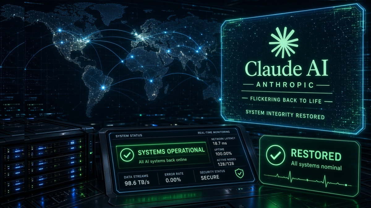 Claude AI services restored - A high-tech visual interface showing the restoration of Anthropic’s global AI server and API systems.