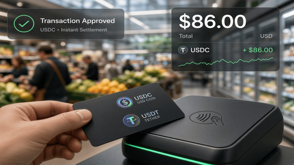 Crypto card spending transaction at a retail terminal showing stablecoin payment for an $86 average purchase.