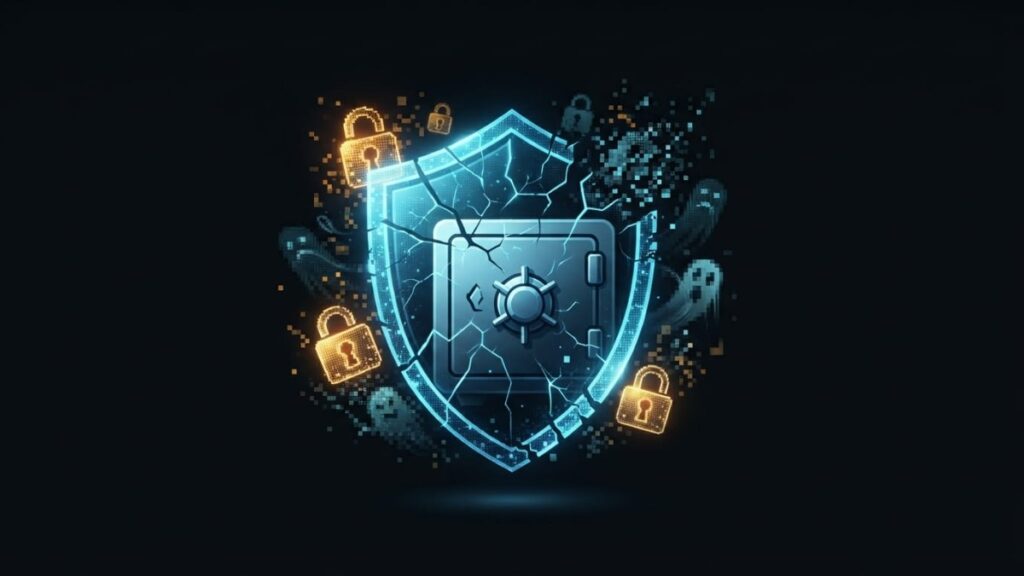 cyber security shield protecting a digital vault from phishing and malware threats