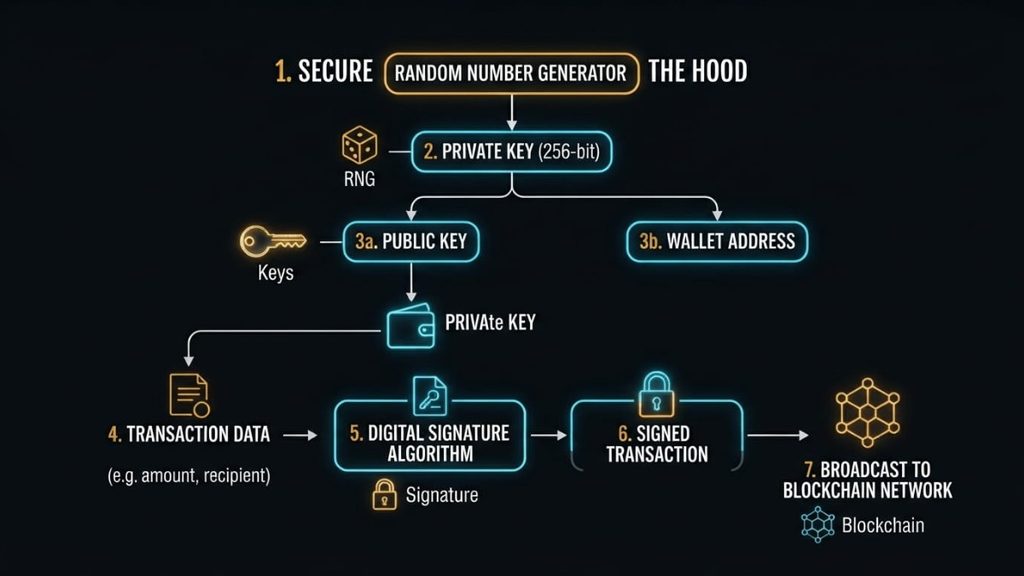 cryptocurrency wallet workflow diagram showing private key public key and digital signature