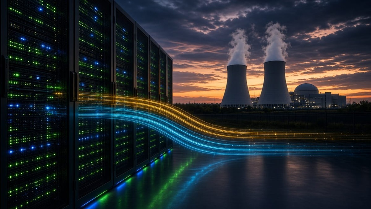 Sleek server racks in a modern data center powered by clean nuclear energy to meet rising data center power demand.