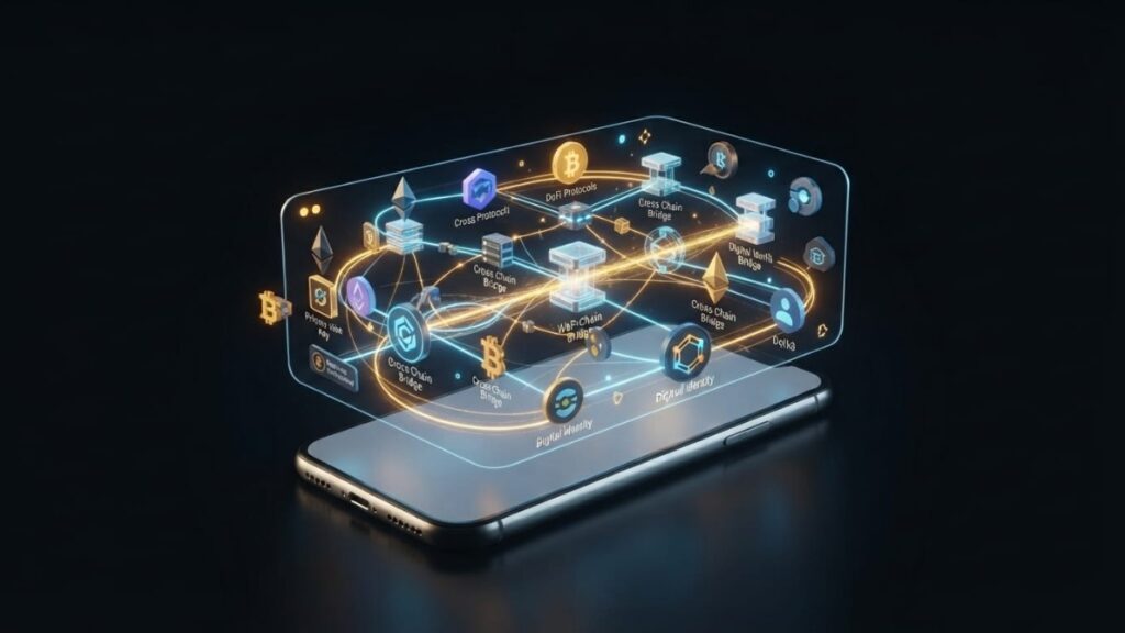 futuristic Web3 dashboard and cross-chain bridge interface on a mobile device