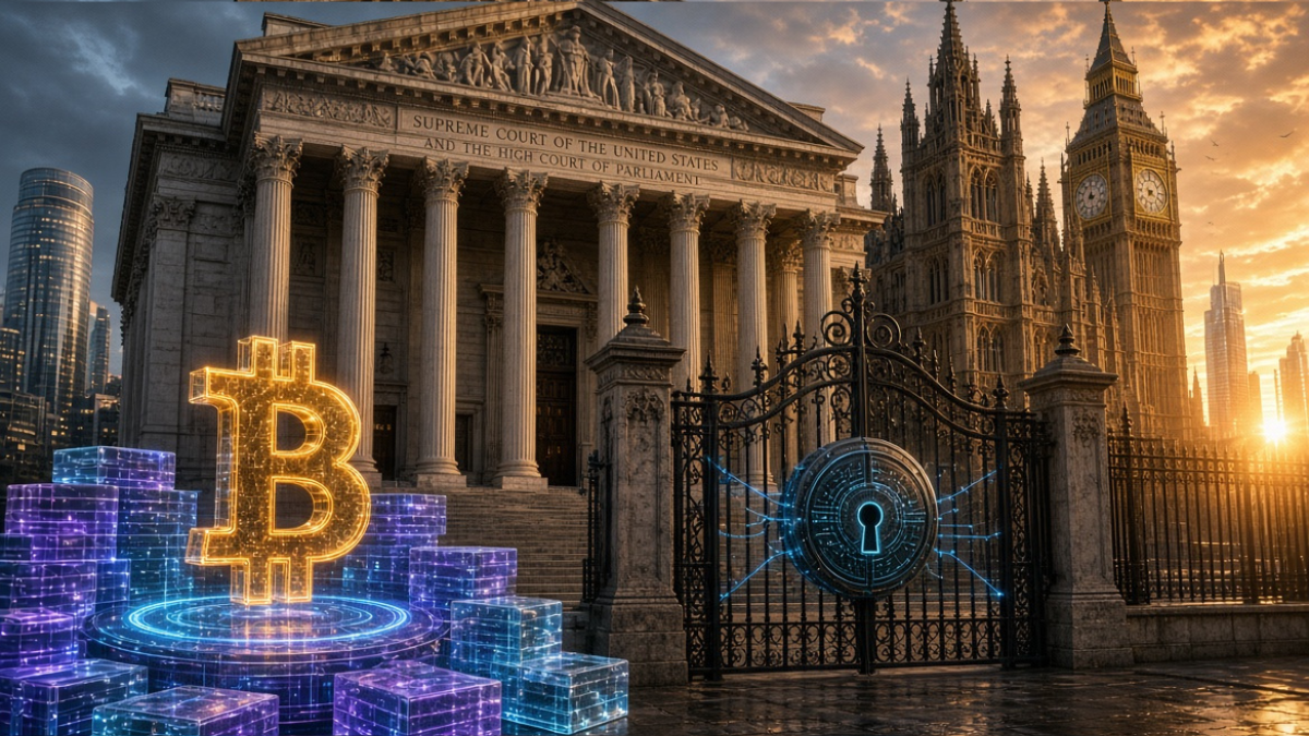 A conceptual image showing digital assets outside a traditional central bank building, representing the legal fight for crypto banking access in the US and UK.
