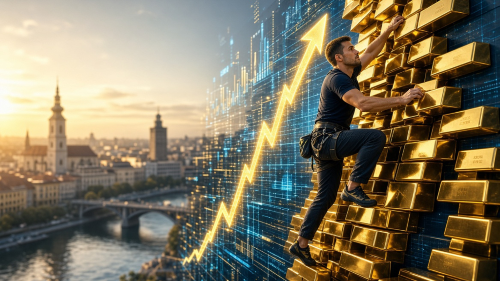 Speed climber ascending a digital wall of gold bars and stock market charts representing the 2026 gold price rally and the Žilina World Climbing gold medals.