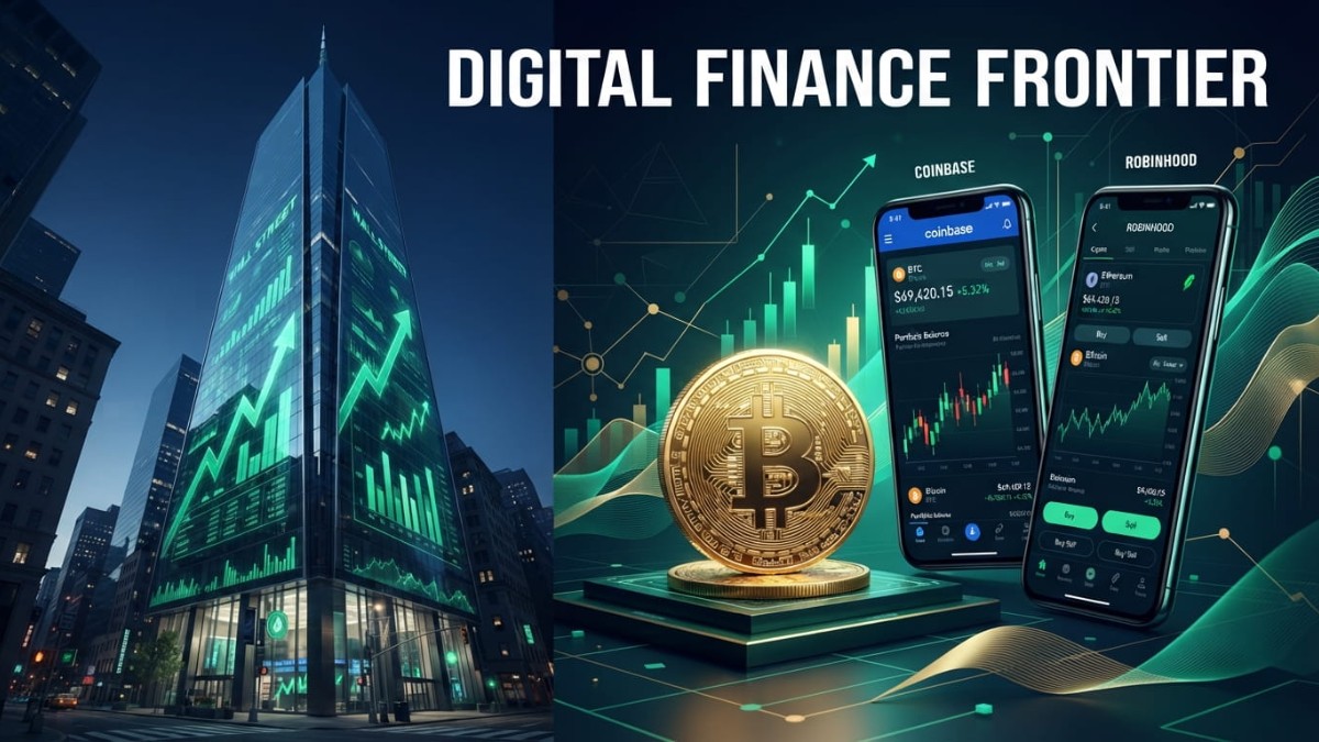 Goldman Sachs crypto stocks bull market charts on a smartphone interface representing Coinbase and Robinhood next to a gold Bitcoin and a Wall Street skyscraper.