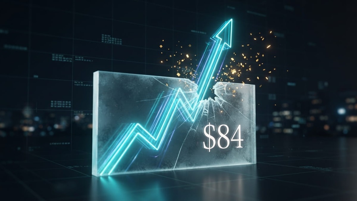 Hyperliquid crypto market breakout showing a glowing 3D chart breaking through the $84 resistance barrier with upward green trends and digital neon lines.