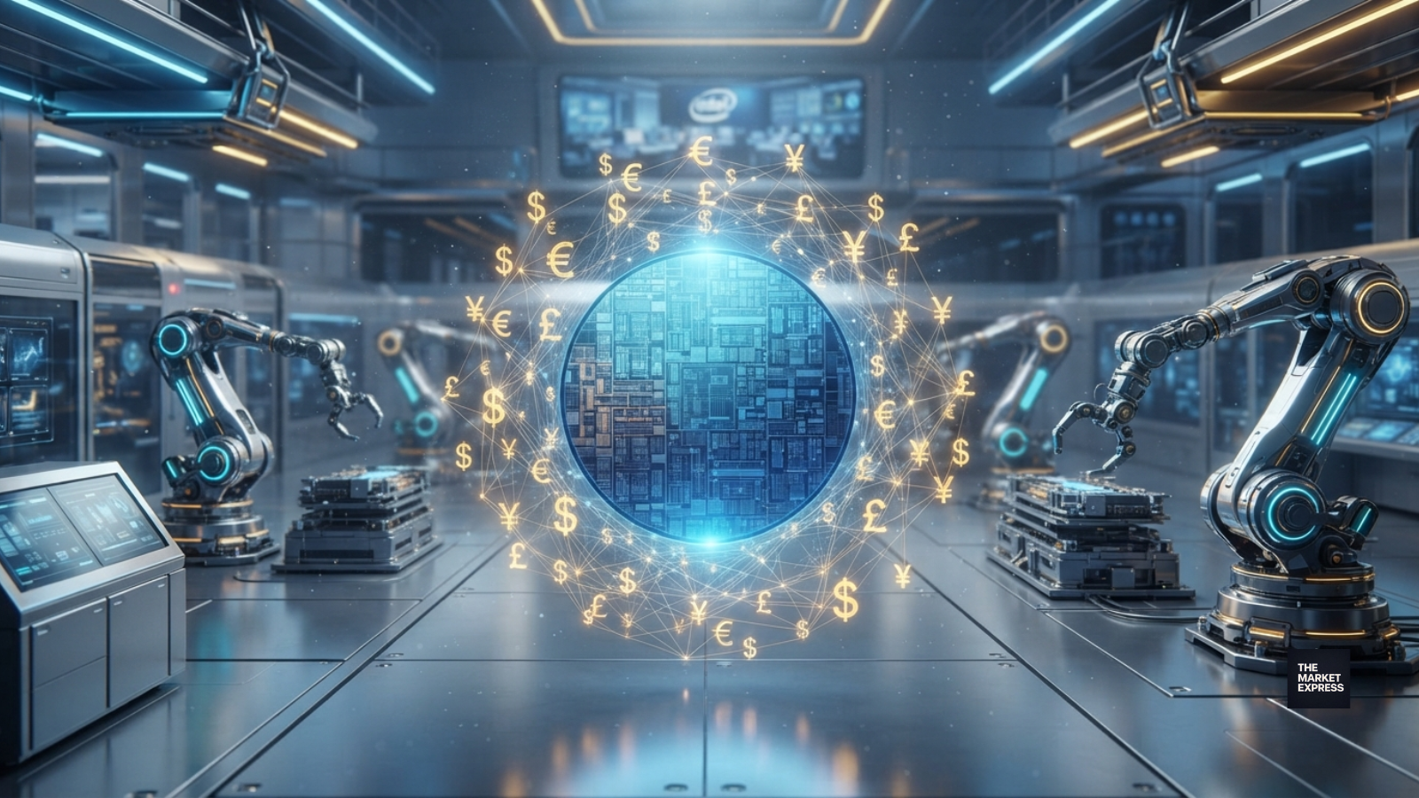 A futuristic Intel semiconductor fabrication facility featuring glowing AI chips and digital gold symbols, representing the $15 billion common stock offering to fund AI compute and manufacturing expansion.
