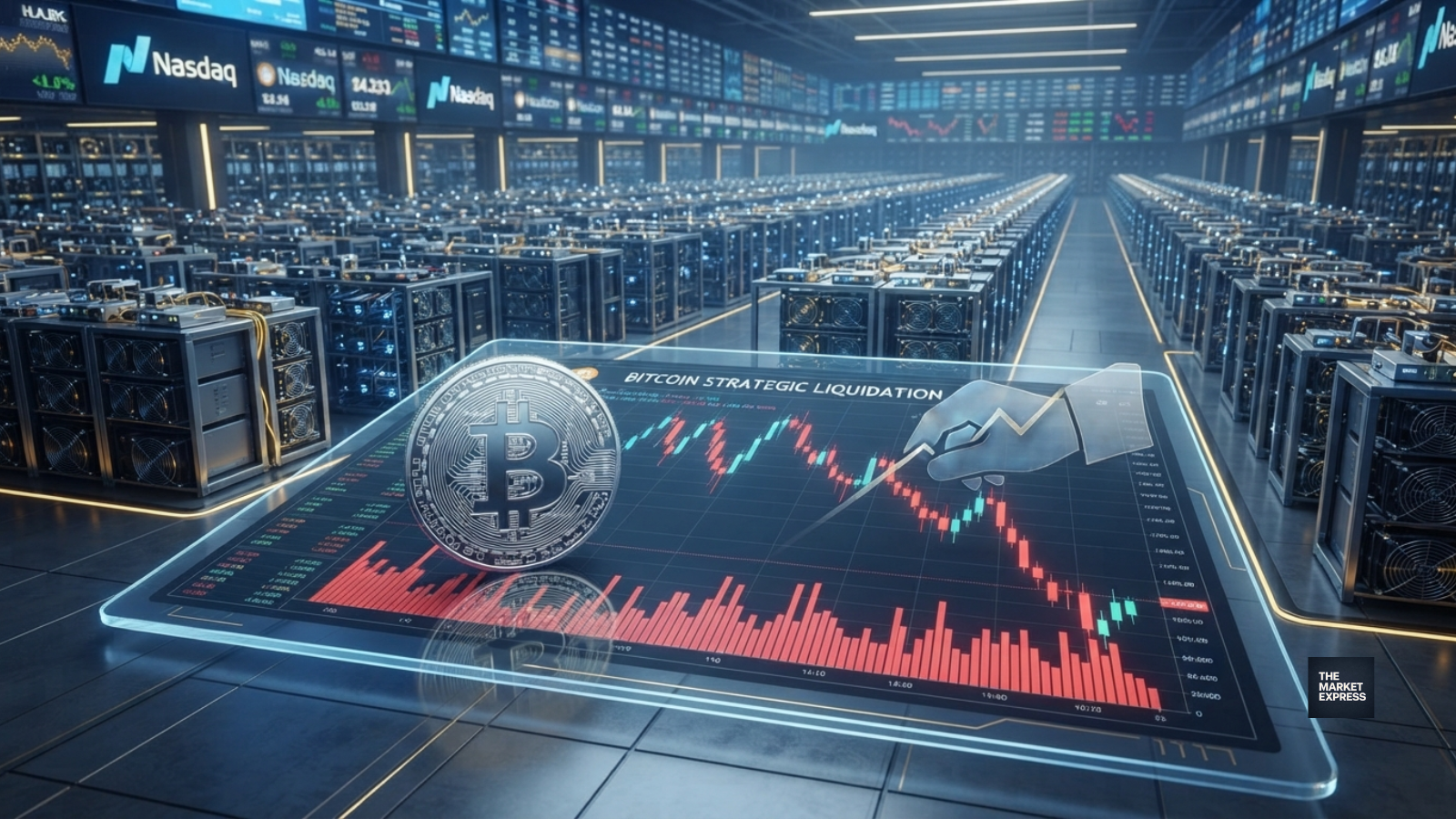 MARA Holdings Bitcoin reserves represented by digital gold coins and a financial trading chart showing a $46 million liquidation.