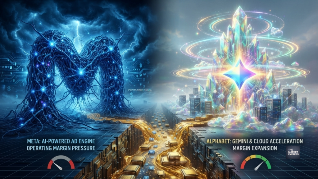 Futuristic digital graphic illustrating the AI spending race between Meta's blue neural network ad engine and Alphabet's iridescent cloud infrastructure, highlighting the Q2 2026 margin divergence.