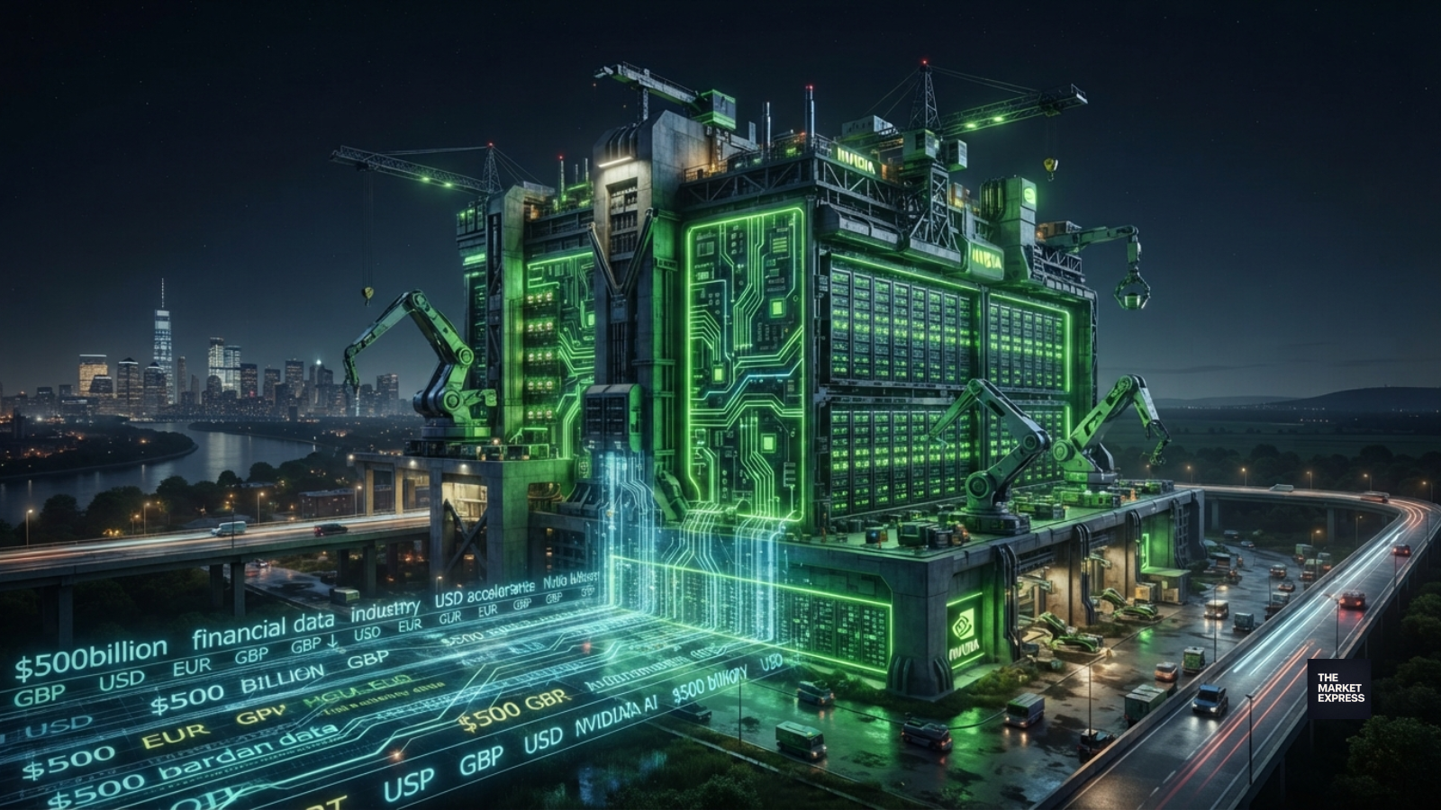 Nvidia $500 billion AI infrastructure financing concept featuring a glowing green digital globe, AI factory blueprints, and a futuristic 2-gigawatt power plant in a high-tech boardroom.
