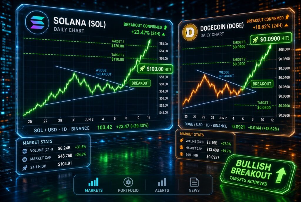 Solana and Dogecoin crypto trading chart showing SOL target at $100 and DOGE breakout towards 9 cents with 200-day moving average indicators.