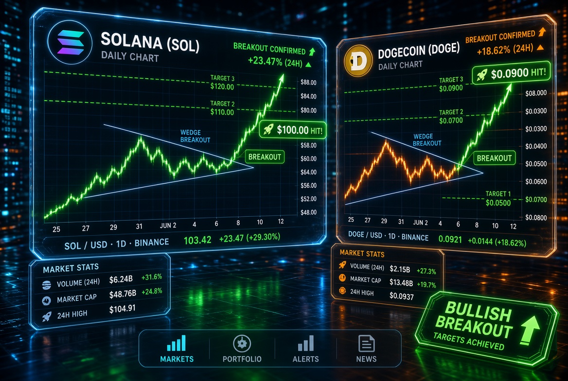 Solana and Dogecoin crypto trading chart showing SOL target at $100 and DOGE breakout towards 9 cents with 200-day moving average indicators.