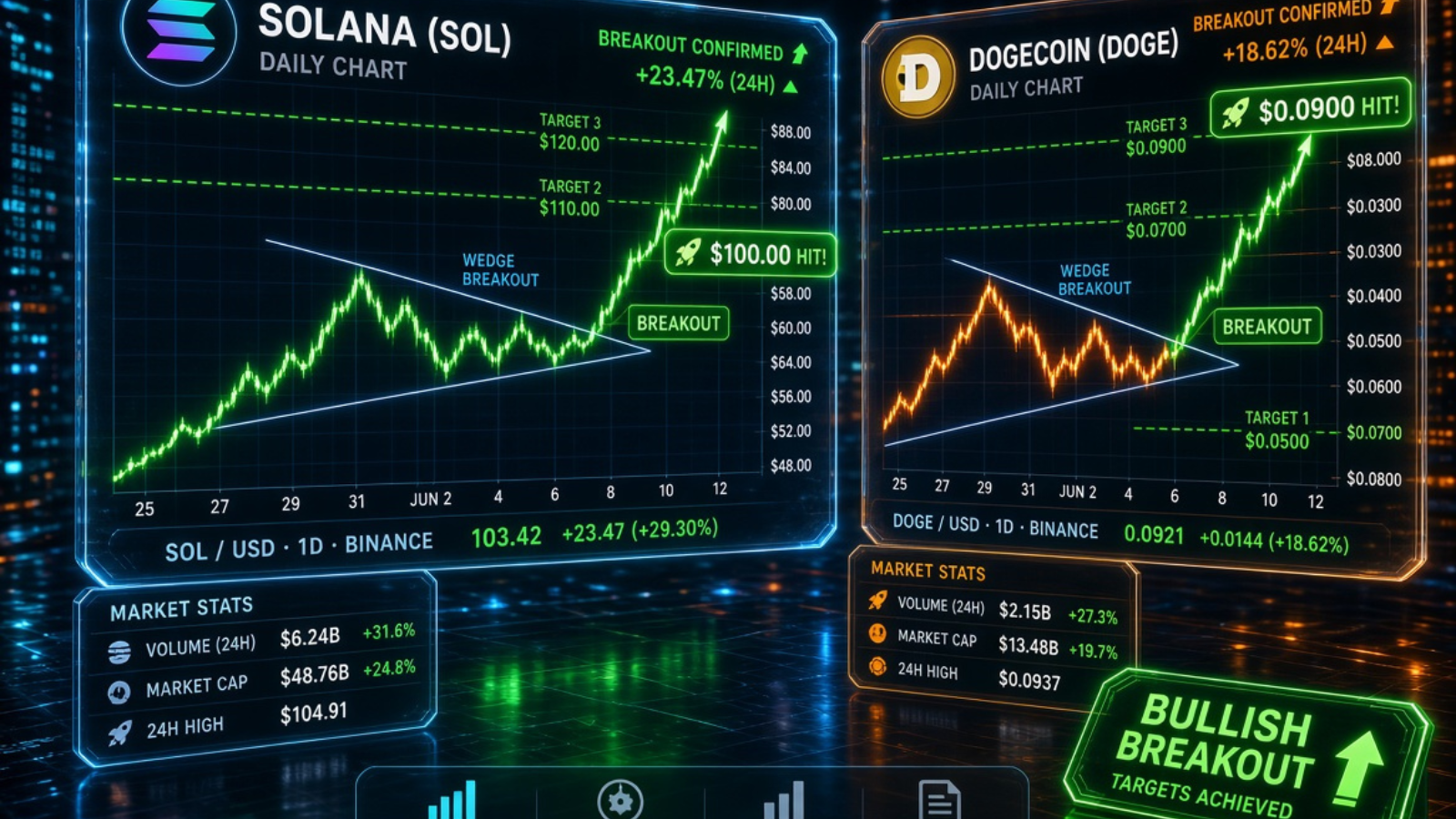 Solana and Dogecoin crypto trading chart showing SOL target at $100 and DOGE breakout towards 9 cents with 200-day moving average indicators.