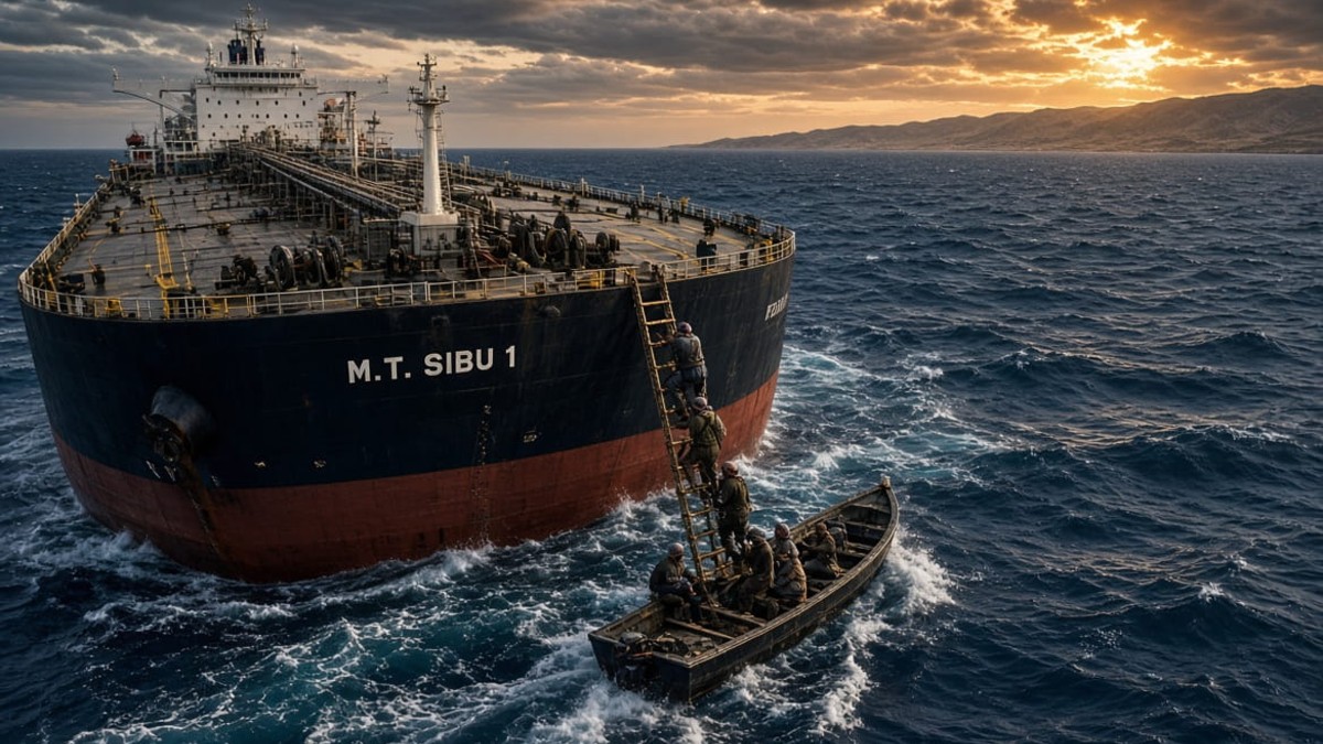 Commercial oil tanker seized by armed pirates in the Gulf of Aden near Yemen, highlighting the ongoing Somali piracy resurgence.