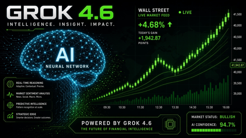 Digital visualization of AI model Grok 4.6 with a rising green stock market chart representing the tech-led rally on Wall Street.