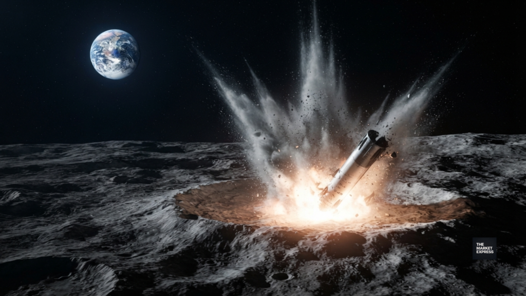 SpaceX Falcon 9 upper stage crashing into the lunar surface near the Einstein crater creating an explosive impact plume