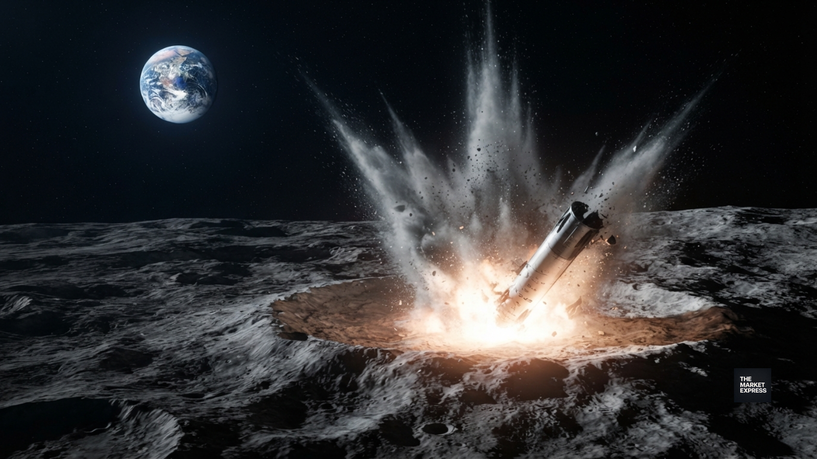 SpaceX Falcon 9 upper stage crashing into the lunar surface near the Einstein crater creating an explosive impact plume