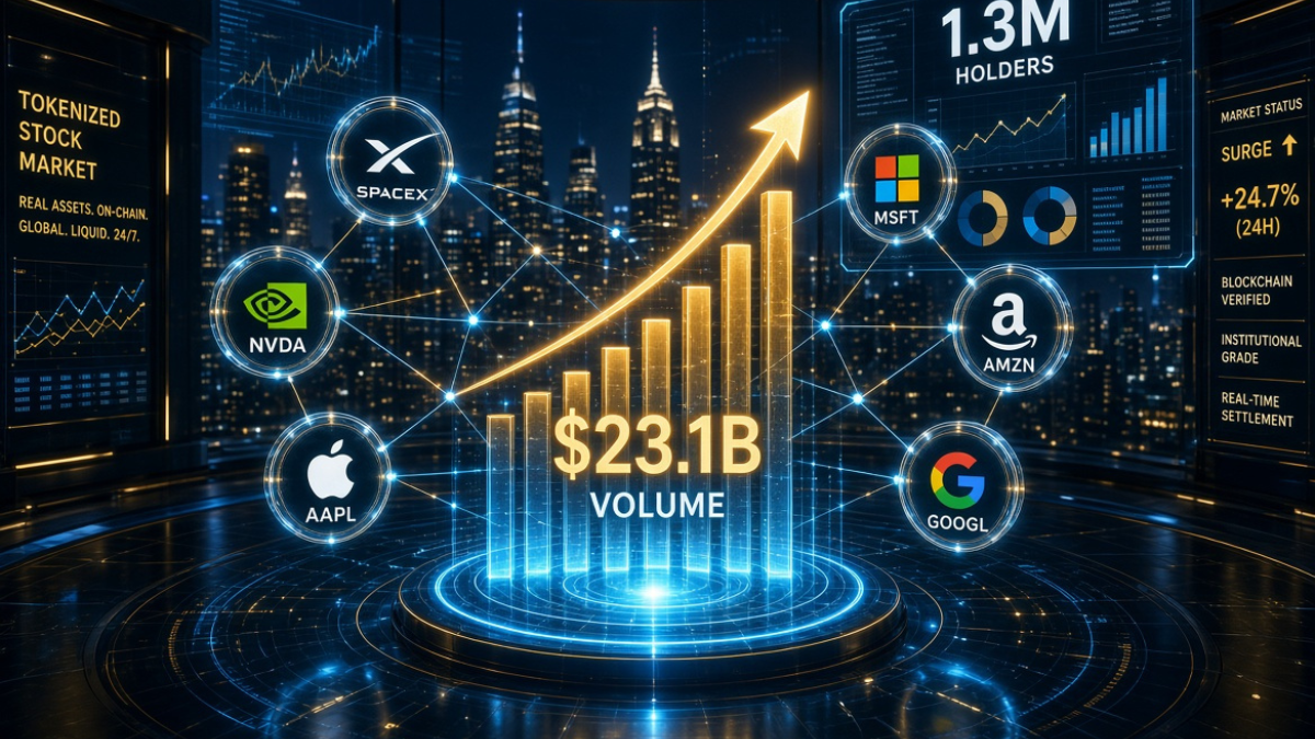 Digital visualization of the surge in tokenized stock holders and $23.1 billion monthly trading volume in the RWA market.