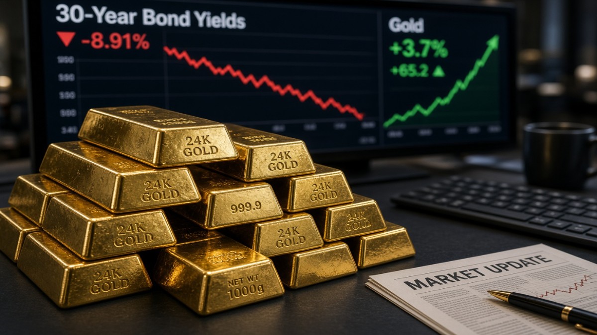Gold bars and financial charts illustrating the impact of US Treasury bond buybacks on market yields and the 3.7 percent gold price rally.