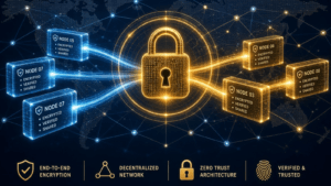 A 3D visualization of Blockchain technology showing a decentralized network of nodes and a chain of data blocks secured by cryptographic hashes.