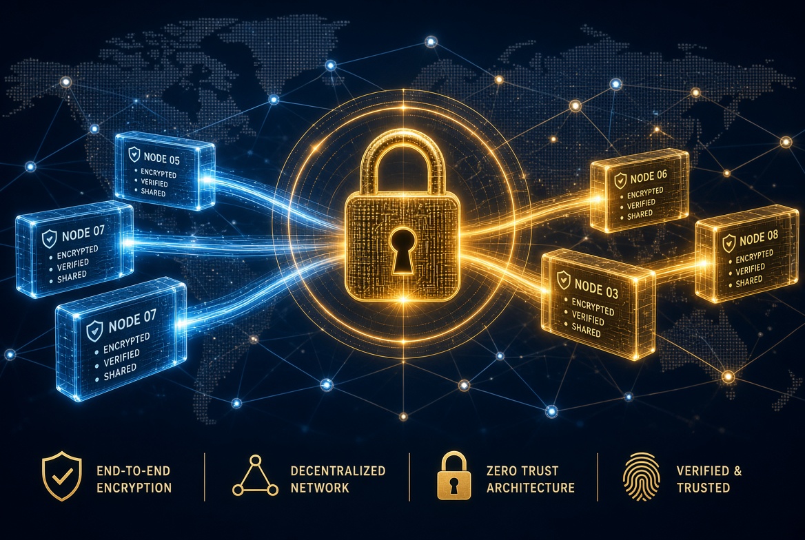 A 3D visualization of Blockchain technology showing a decentralized network of nodes and a chain of data blocks secured by cryptographic hashes.