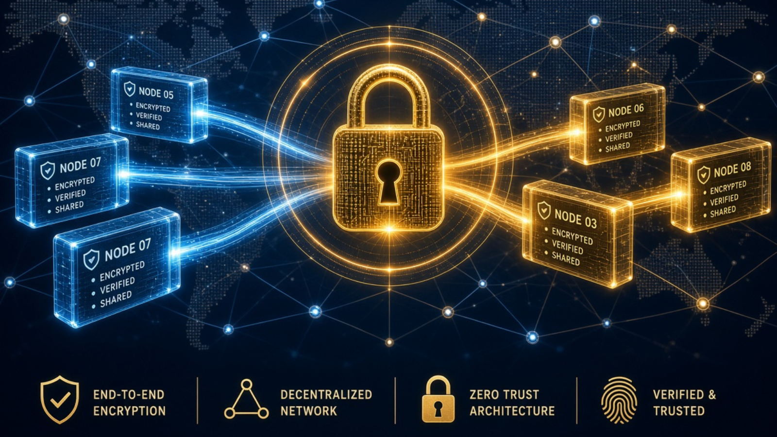 A 3D visualization of Blockchain technology showing a decentralized network of nodes and a chain of data blocks secured by cryptographic hashes.